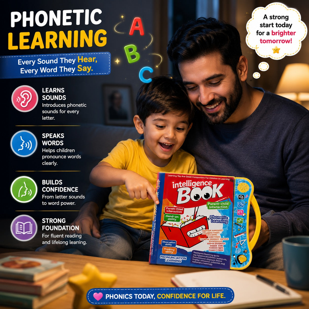 Father and son using NestLearn Intelligent Book together for phonetic learning and building reading confidence