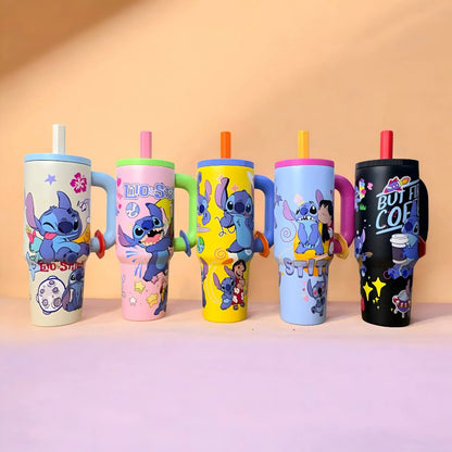 Five Stitch stainless steel tumblers displayed together with reusable straws and leak-resistant lids