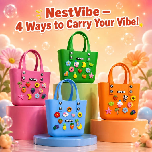 Four NestVibe silicone jelly crocs tote bags in sky blue, pink, orange, and green displayed together showing the full color collection