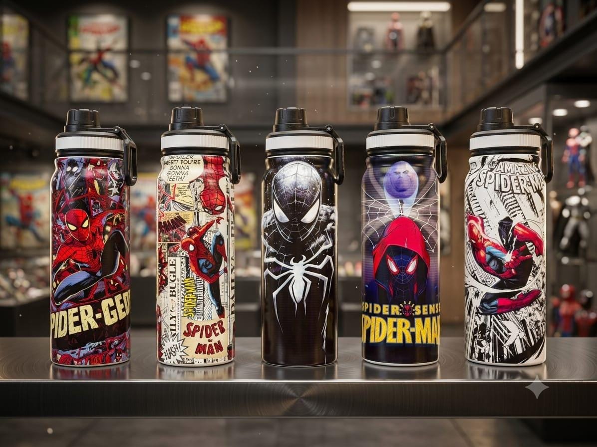 Four Nestspidy 800ML insulated water bottle designs displayed together