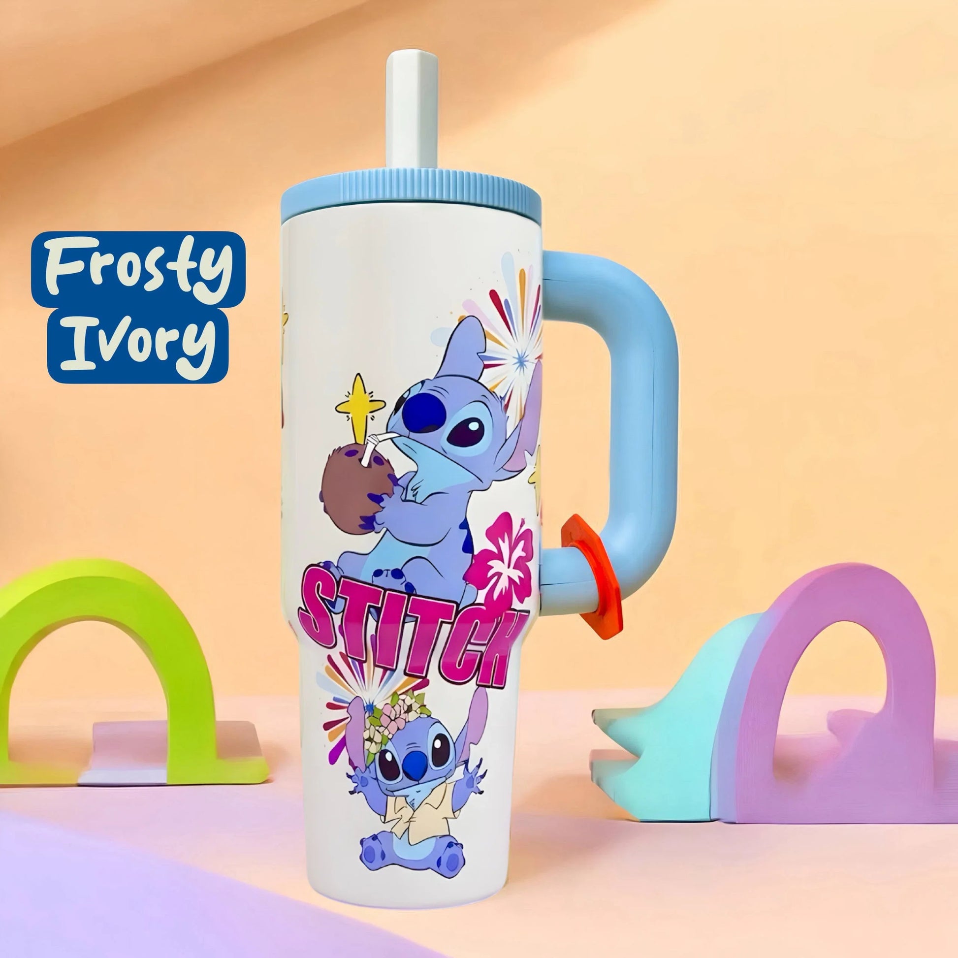 Frosty Ivory Stitch insulated tumbler featuring colorful Stitch artwork and easy-grip handle