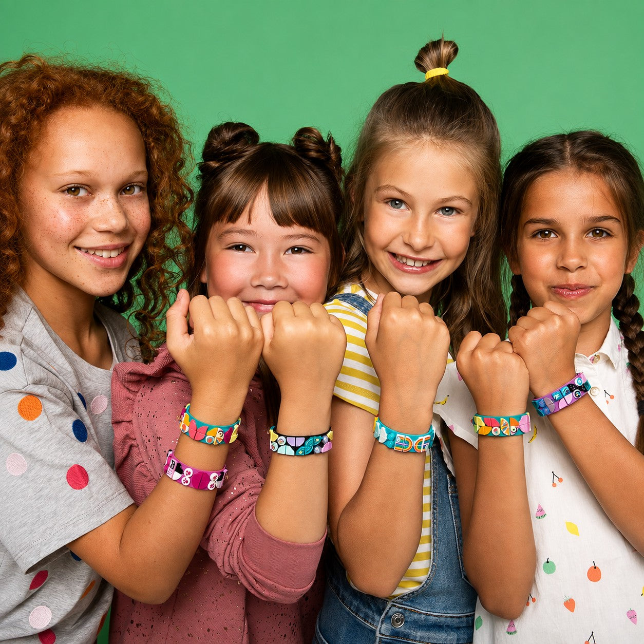 Group of kids wearing colorful LEGO DOTS bracelets, showing different design styles