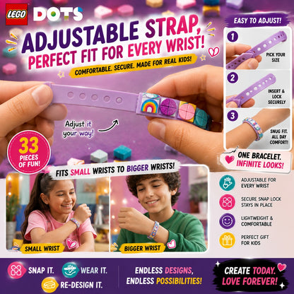 LEGO DOTS Rainbow Bracelet adjustable strap fitting small and bigger wrists with easy snap-lock steps