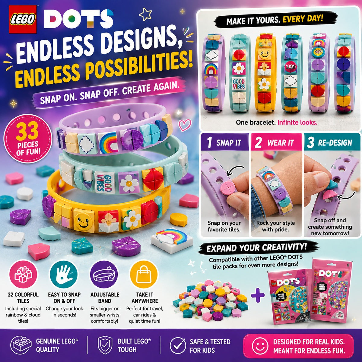 LEGO DOTS Rainbow Bracelet collection showing endless tile design possibilities and compatibility with other DOTS packs
