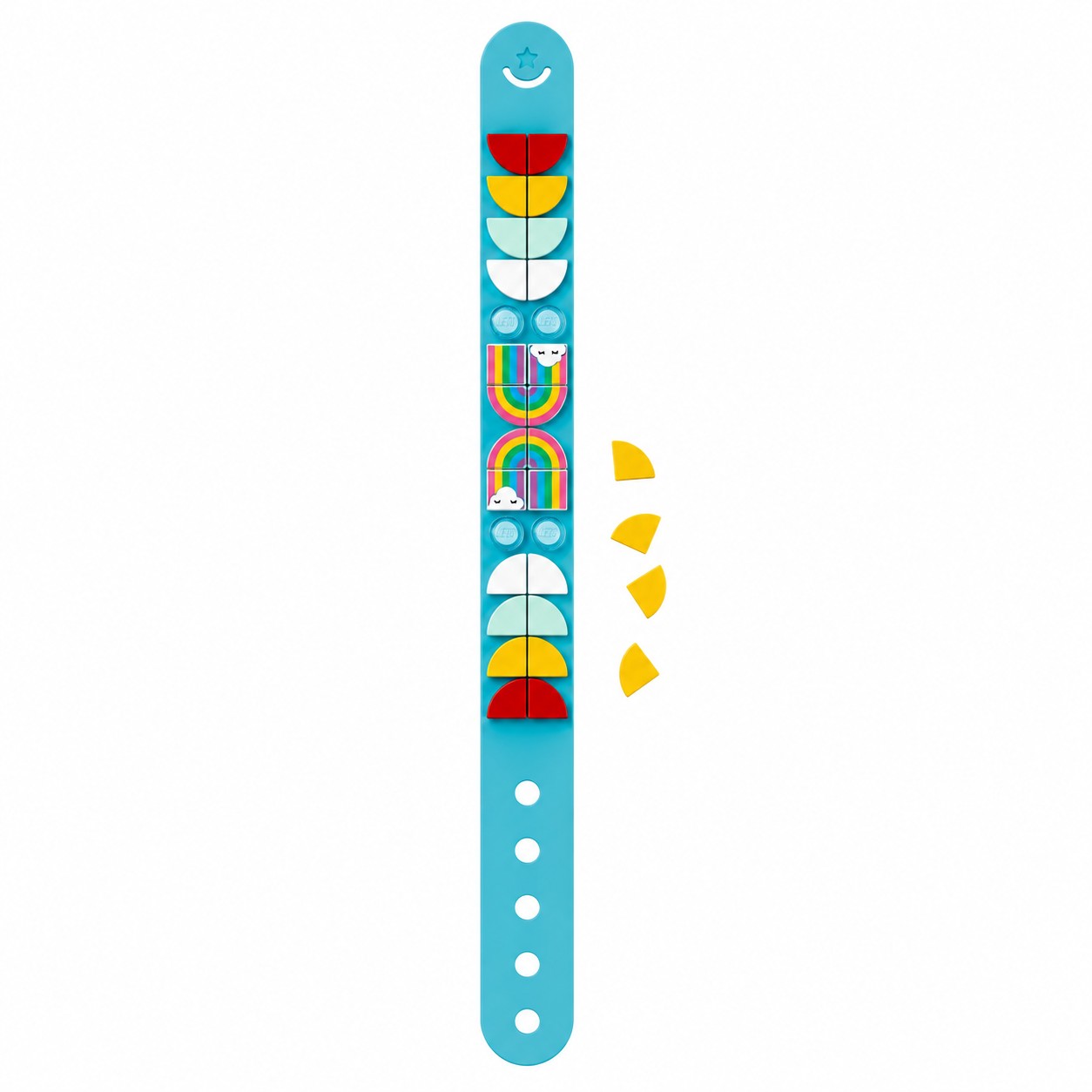 LEGO DOTS Rainbow Bracelet fully assembled, showing rainbow and cloud tile pattern
