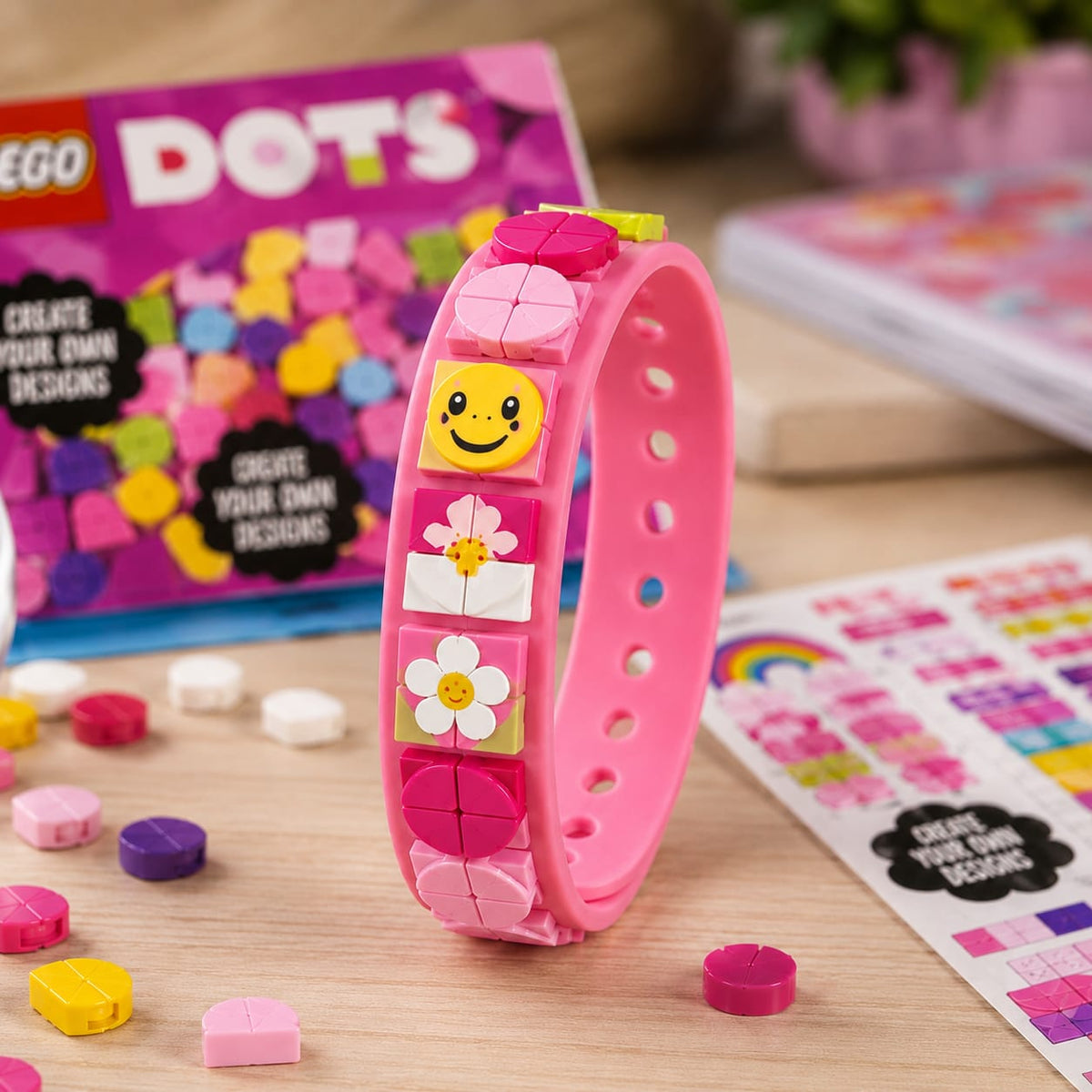 LEGO DOTS Rainbow Bracelet in Berry Pop pink with flower and smiley tile charms