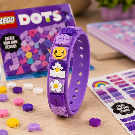 LEGO DOTS Rainbow Bracelet in Lavender Bloom purple with flower and smiley tile charms