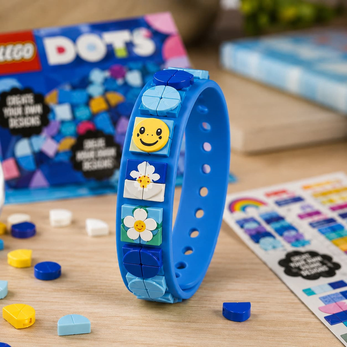 LEGO DOTS Rainbow Bracelet in Ocean Splash royal blue with flower and smiley tile charms