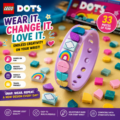 LEGO DOTS Rainbow Bracelet with rainbow and cloud tile charms, 33 pieces of fun highlighted
