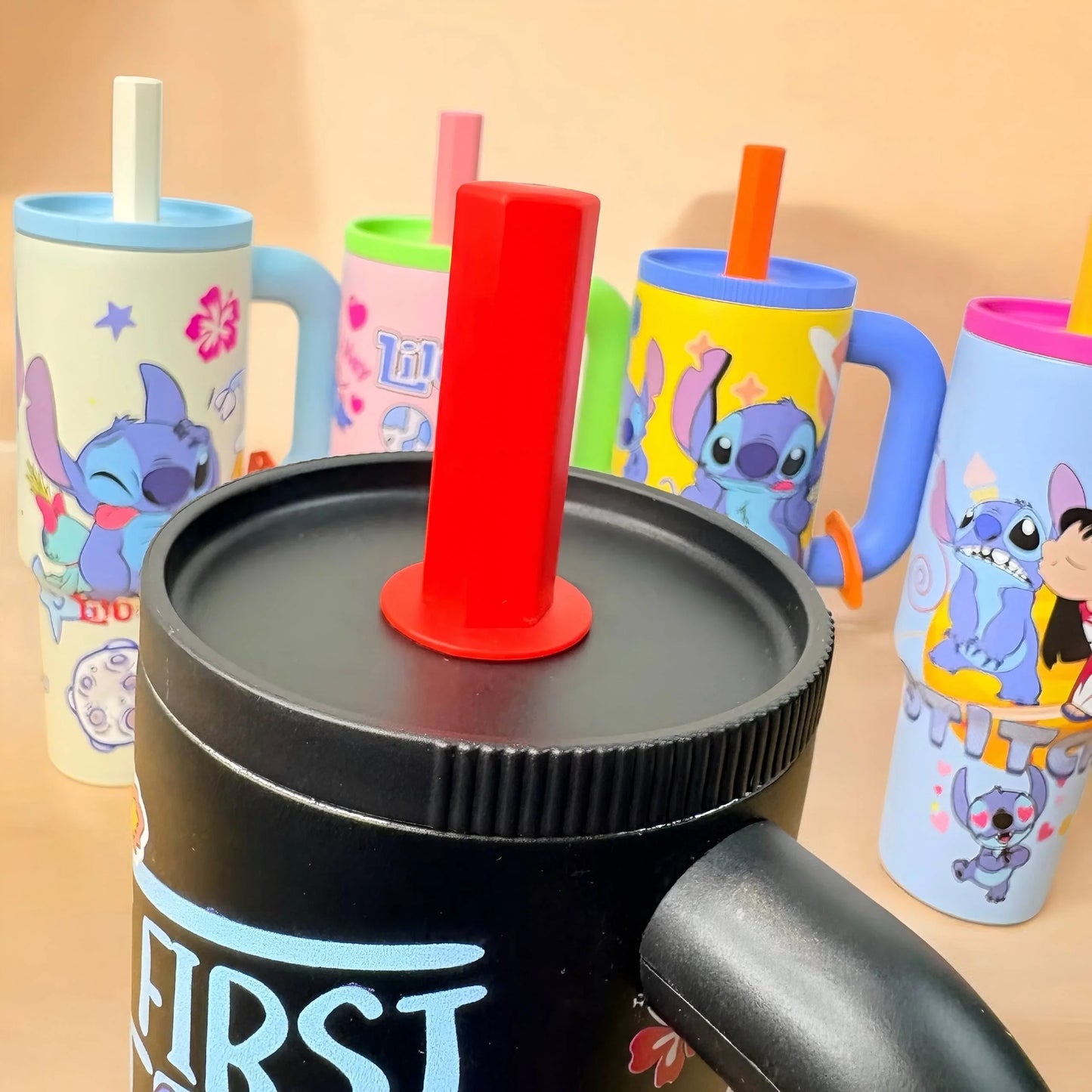 Leak-resistant screw lid with reusable straw on the Stitch insulated travel tumbler