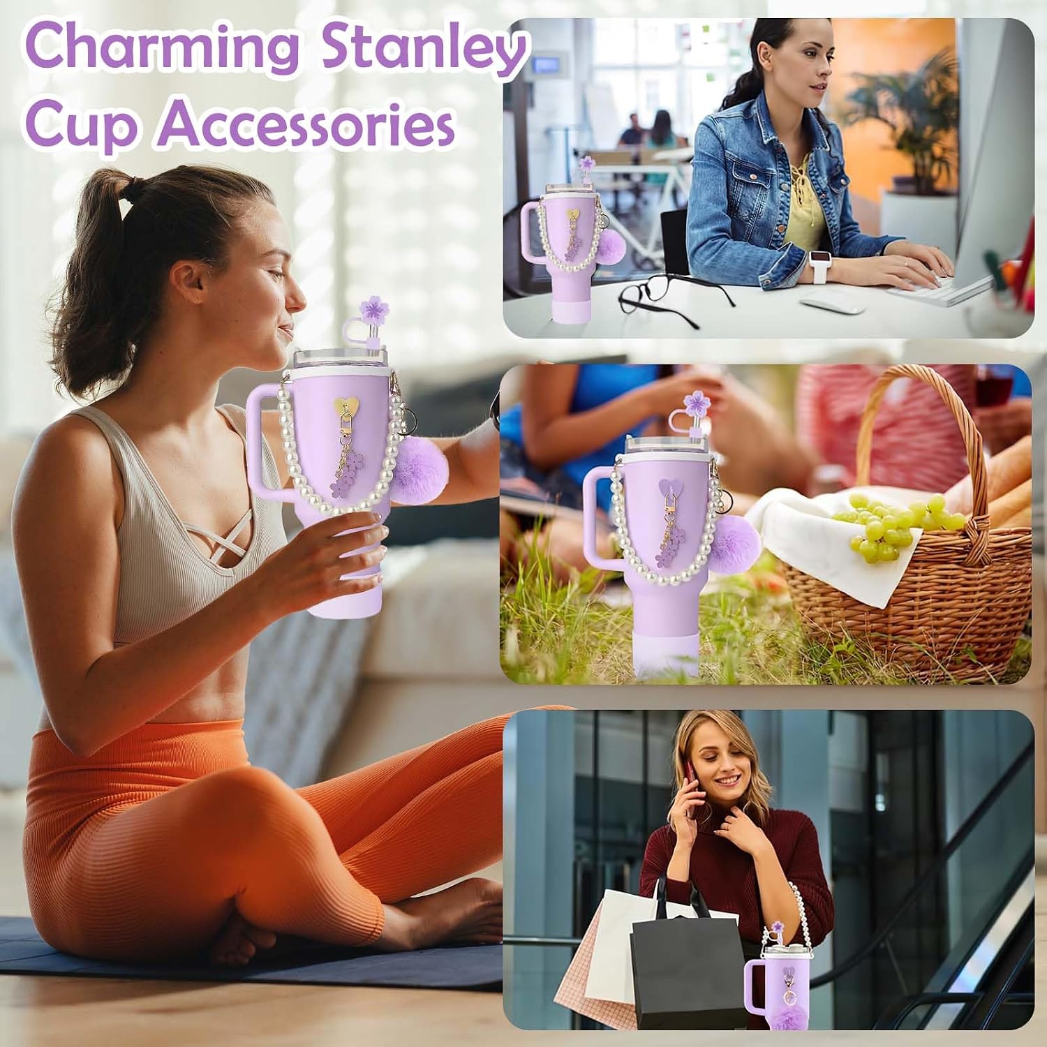 Lifestyle collage showing the NestSip Sakura Bloom tumbler accessory kit in office, picnic, and on-the-go settings