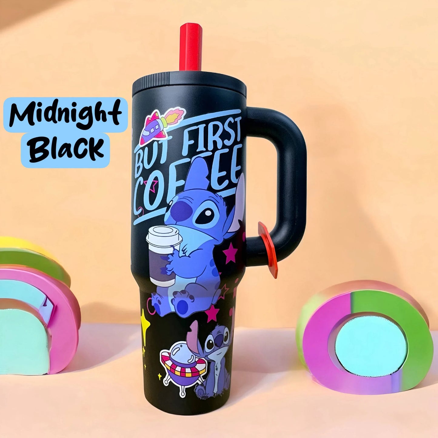 Midnight Black Stitch insulated tumbler with bold coffee-themed Stitch artwork