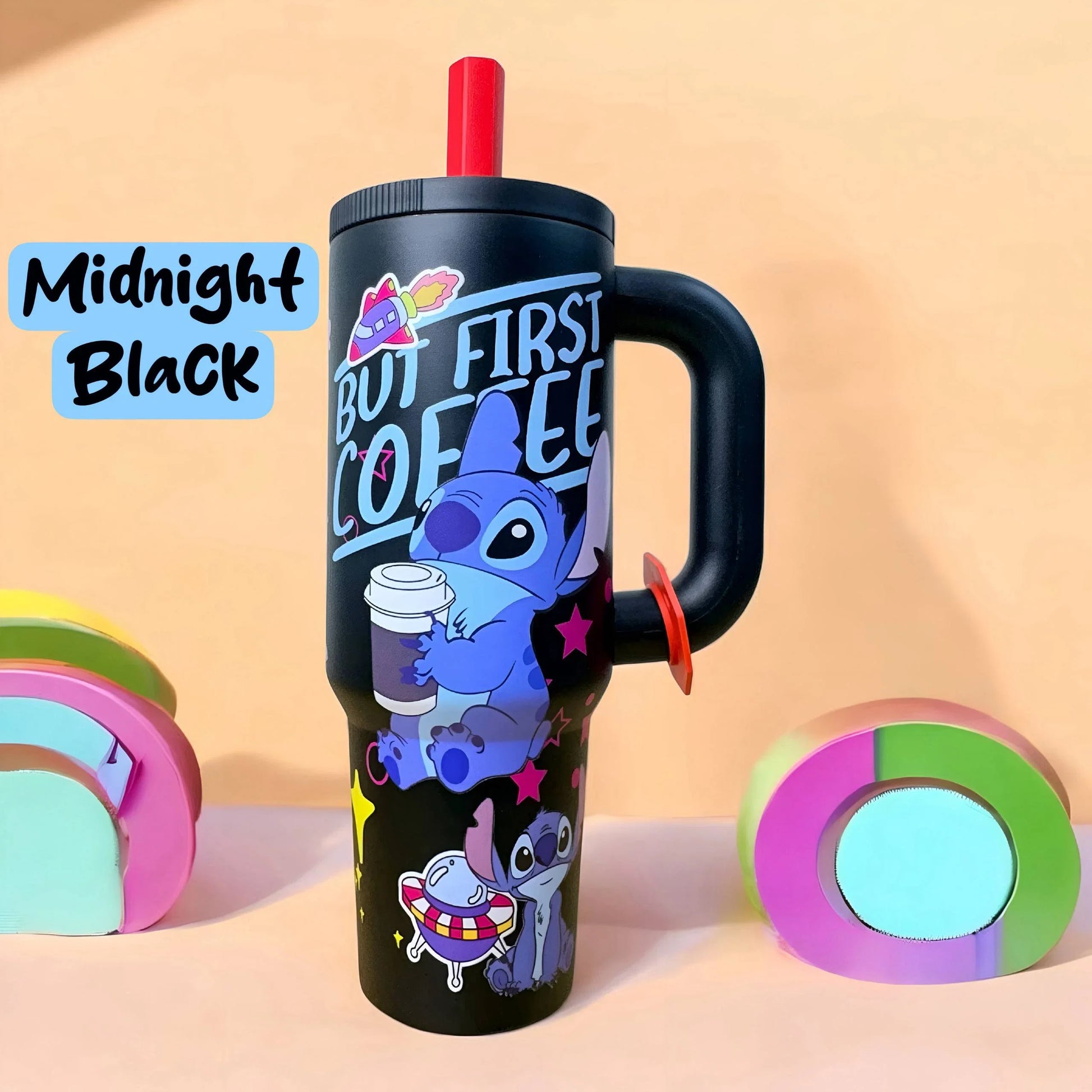 Midnight Black Stitch insulated tumbler with bold coffee-themed Stitch artwork