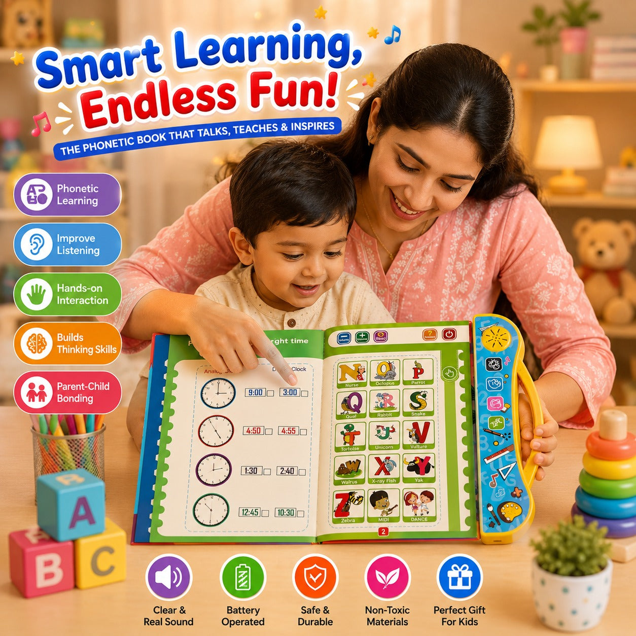 Mother and child reading NestLearn Intelligent Book together, learning clock reading and alphabet pages