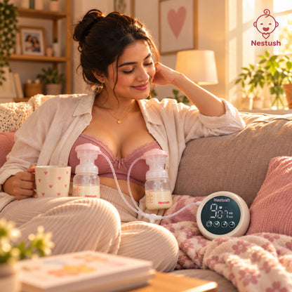 Mother using Nestush NestFlow electric breast pump at home