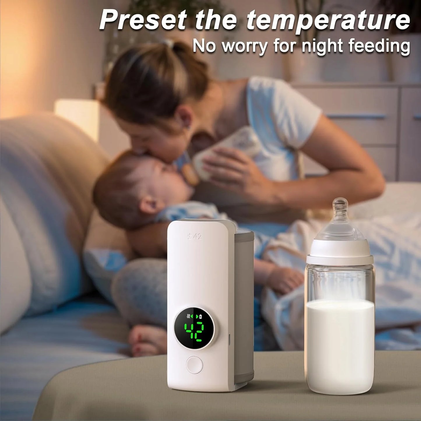 Mother using Nestush portable bottle warmer for night feeding