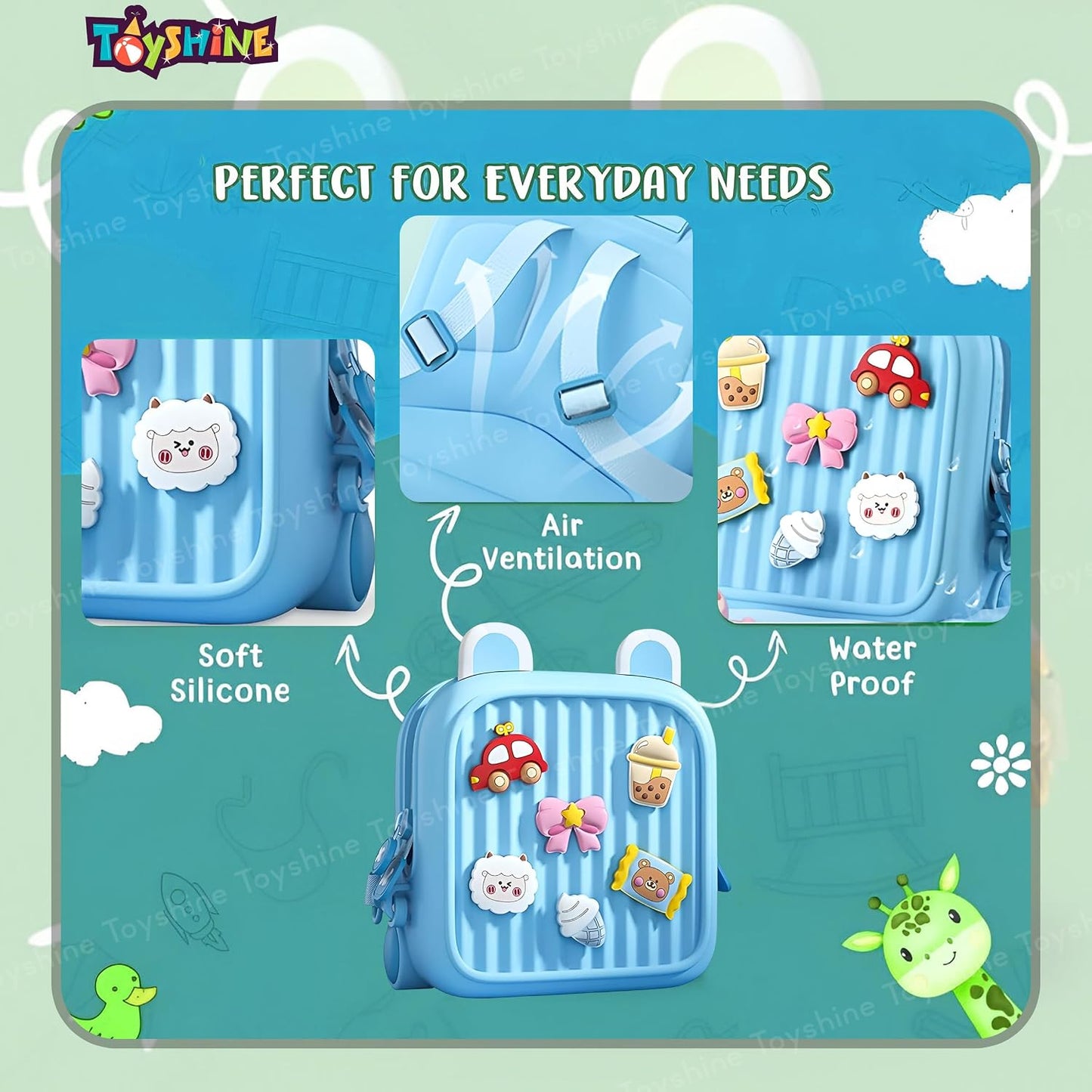NestCharm backpack features — soft silicone, air ventilation straps, waterproof material