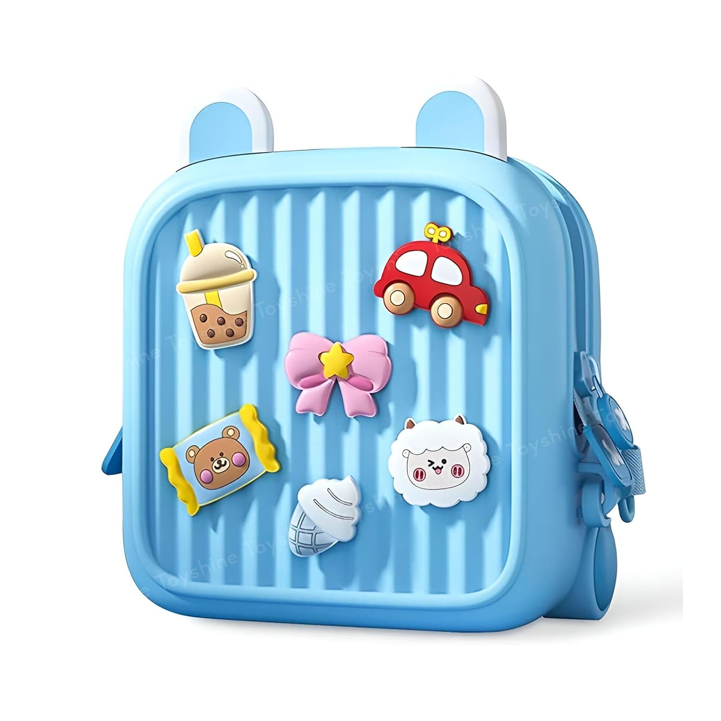 NestCharm blue kids mini backpack with interchangeable charms, front view