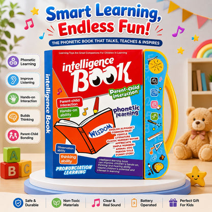 NestLearn Intelligent Book packaging showing phonetic learning, parent-child interaction, and hands-on ability features