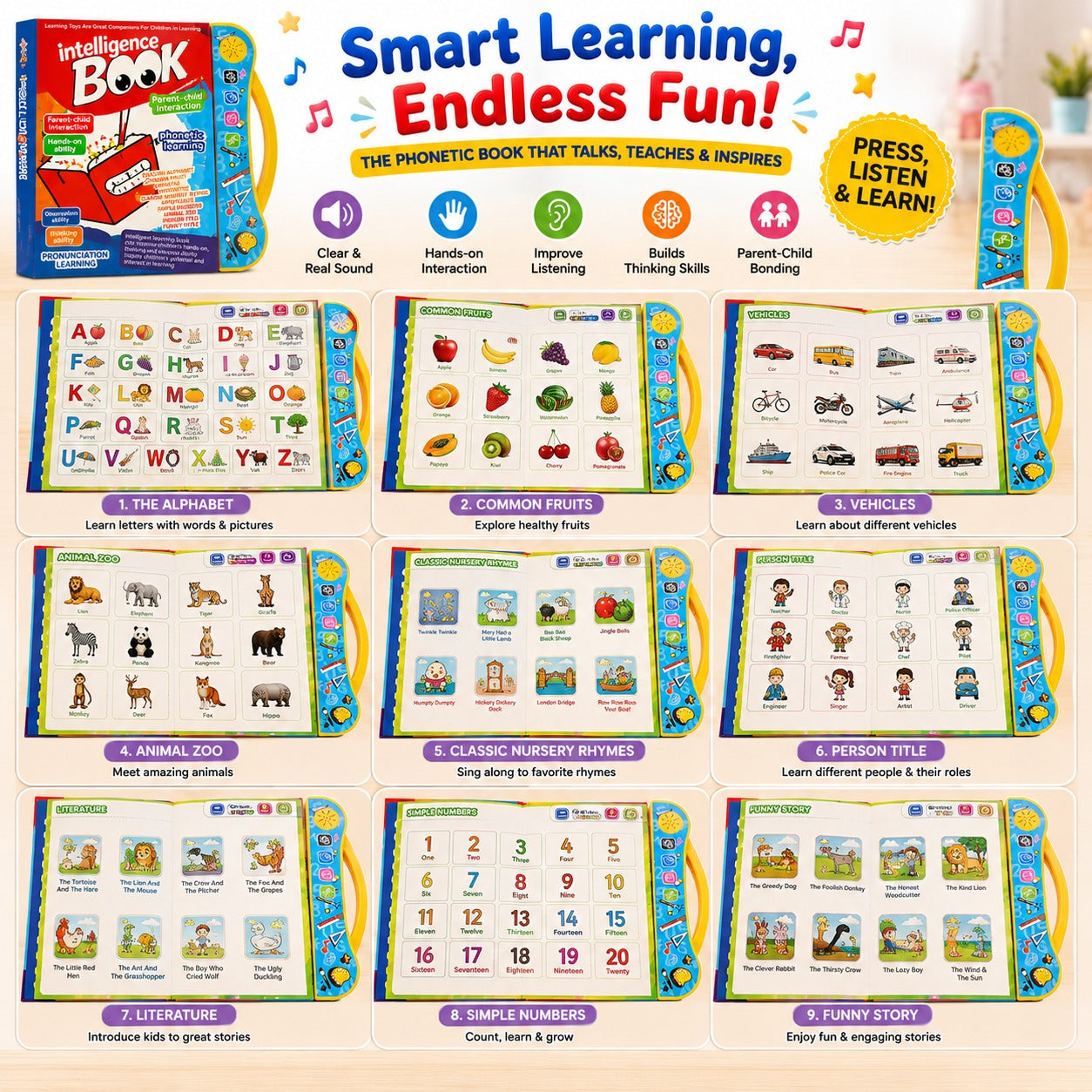 NestLearn Intelligent Book's 9 learning sections — alphabet, fruits, vehicles, animal zoo, nursery rhymes, person titles, literature, numbers and funny stories