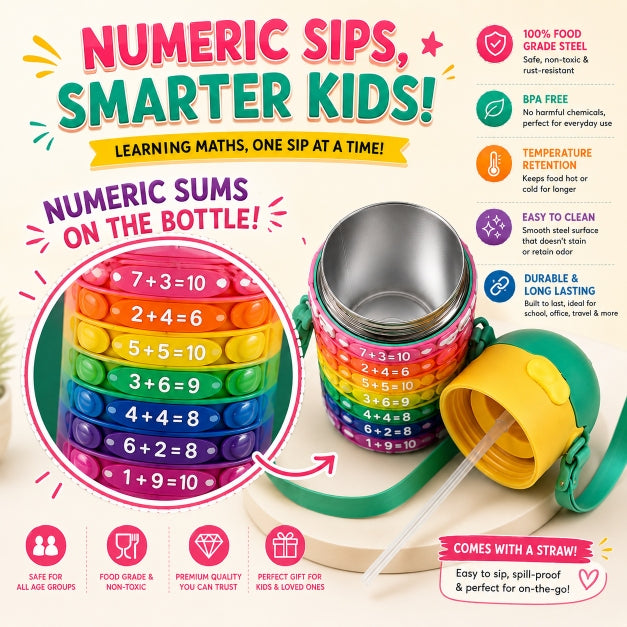 NestMath Stacking Water Bottle close-up showing numeric math sums printed on each stacking ring