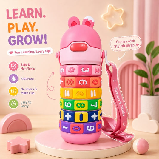 NestMath Stacking Water Bottle in Pink Blossom with number rings, safe and BPA-free features highlighted