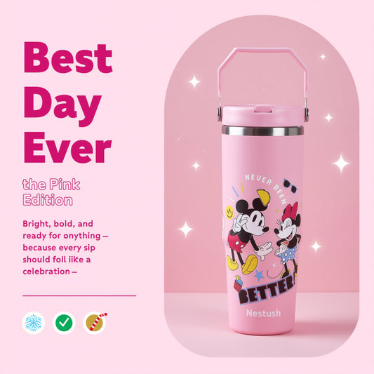 NestMickey 900ml pink insulated tumbler with Mickey and Minnie pop-art design