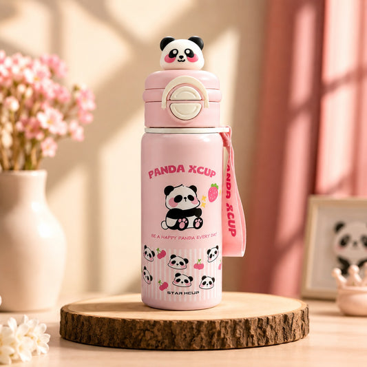 NestPanda Insulated Water Bottle in Blush Pink with cute panda cap and carry strap