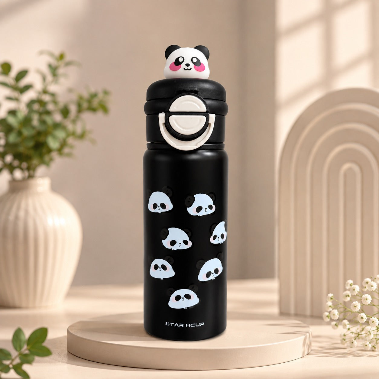 NestPanda Insulated Water Bottle in Midnight Black with white panda faces printed on body