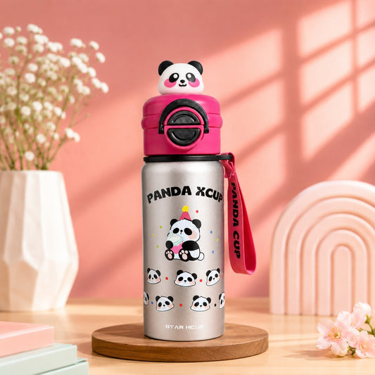 NestPanda Insulated Water Bottle in Silver Sparkle with pink panda cap, festive design