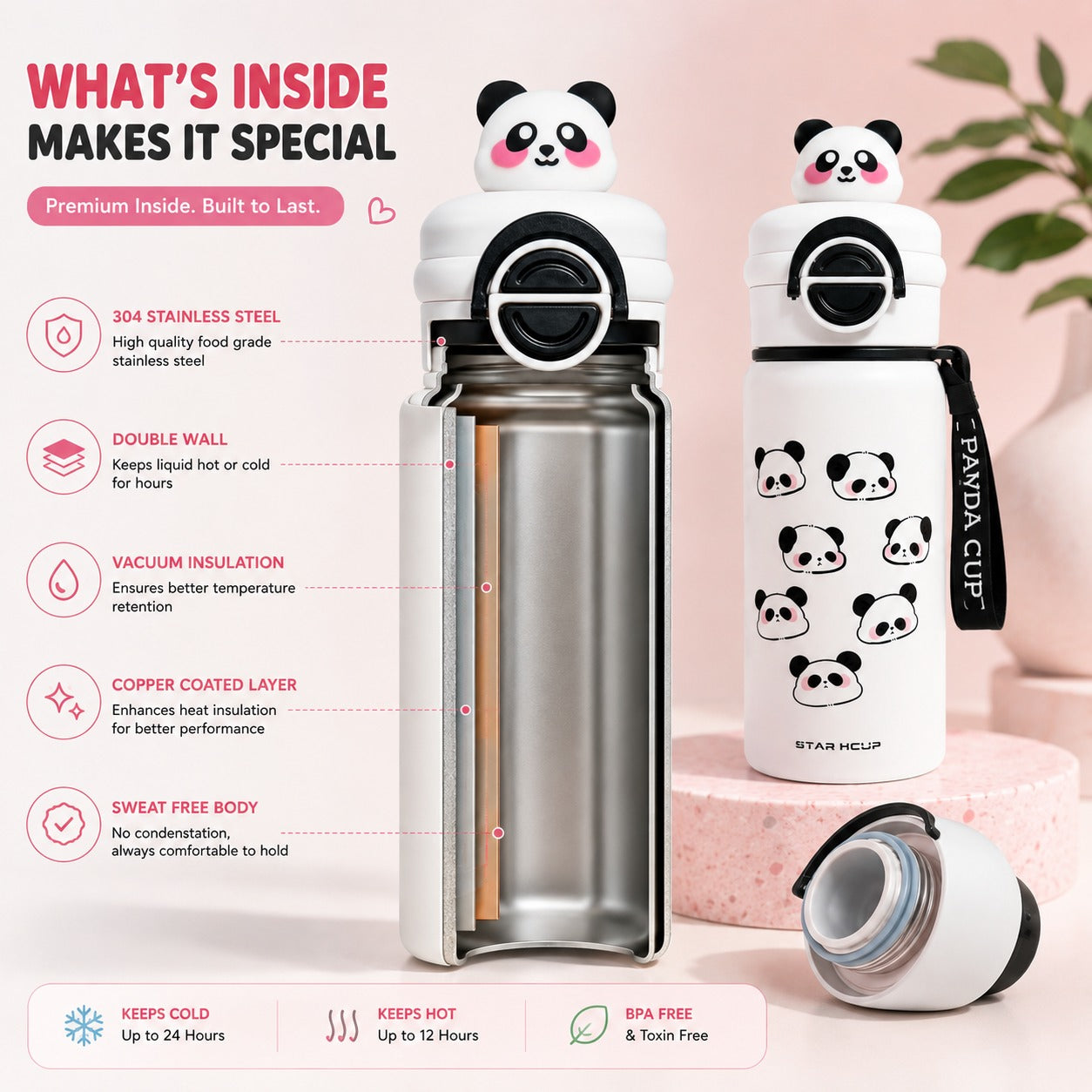 NestPanda cross-section showing stainless steel, double wall insulation, vacuum insulation, and copper-coated layer construction