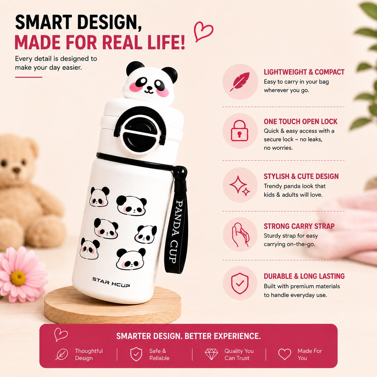 NestPanda in Cloud White lifestyle shot highlighting lightweight design, secure lock, and durability features