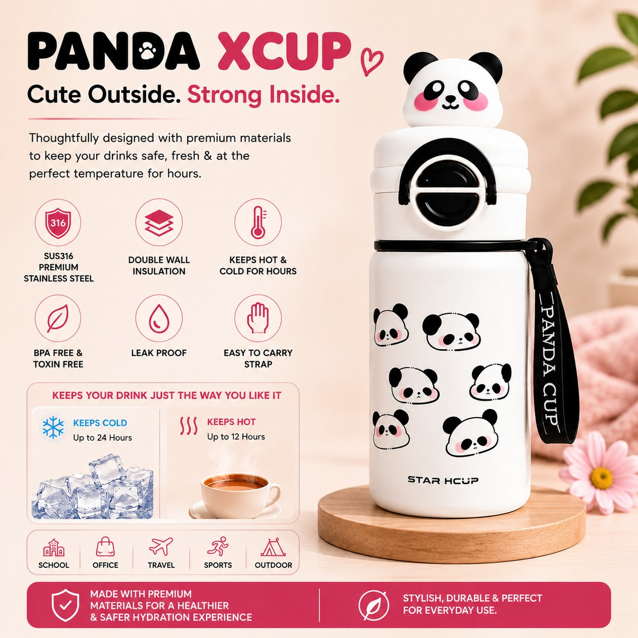 NestPanda in Cloud White showing 24-hour cold and 12-hour hot retention icons