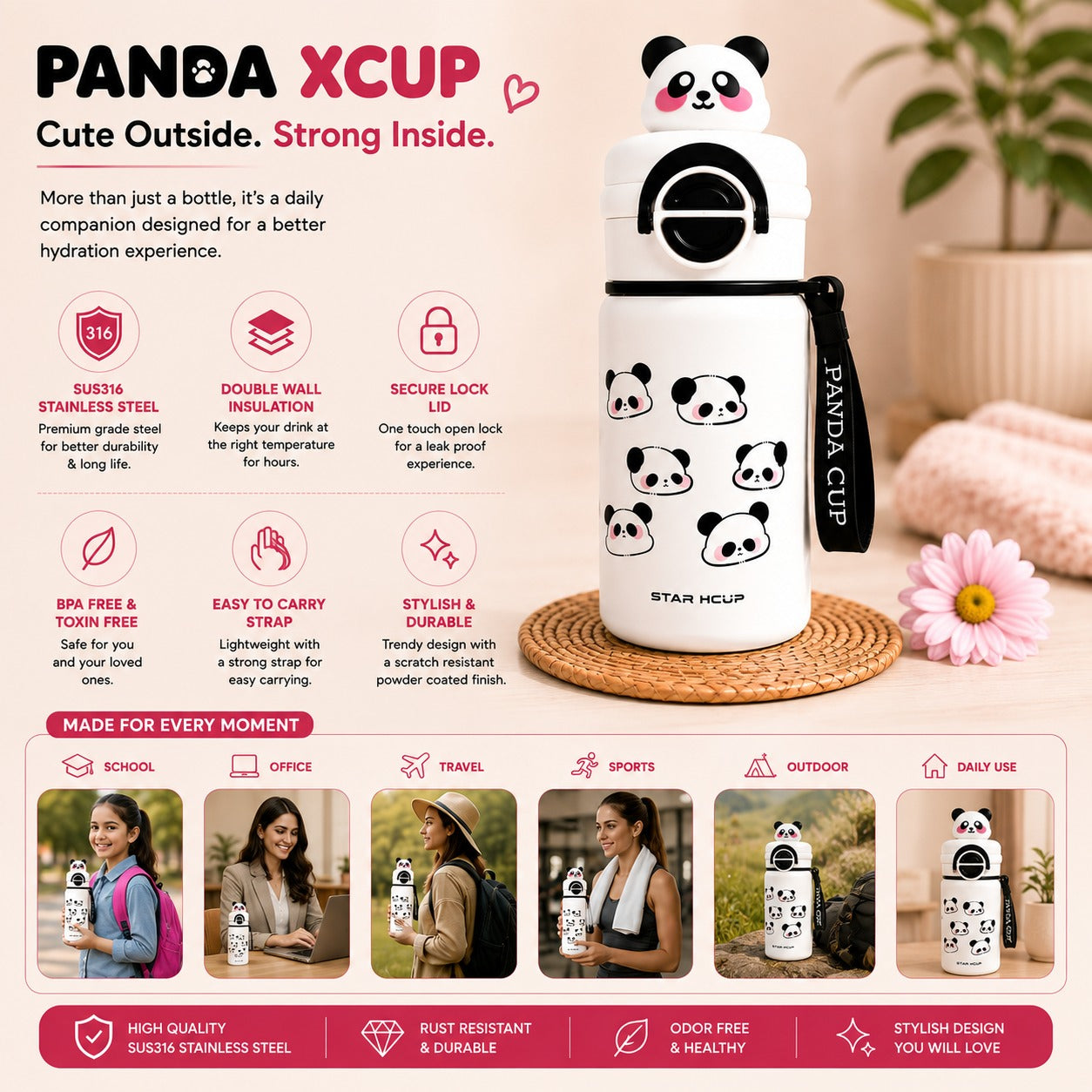 NestPanda in Cloud White showing secure lock lid, easy carry strap and premium features