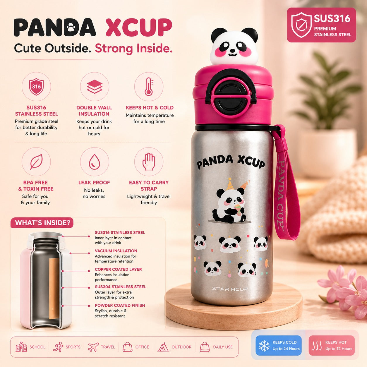 NestPanda in Silver Sparkle showing SUS316 premium stainless steel and insulation feature icons
