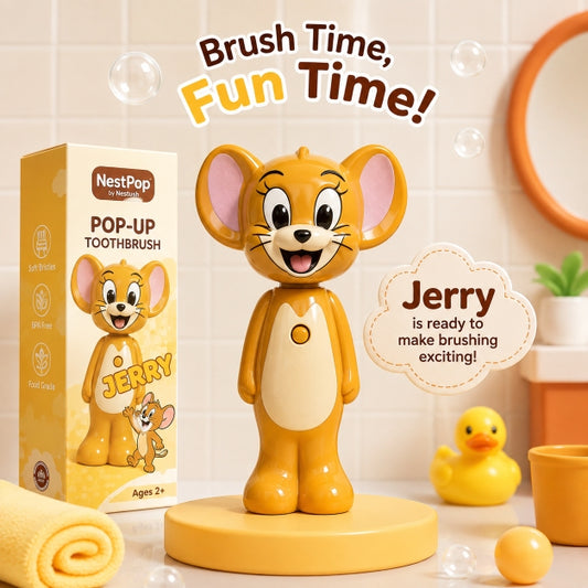 NestPop Jerry pop-up toothbrush for kids displayed with its packaging in a warm, playful bathroom setting