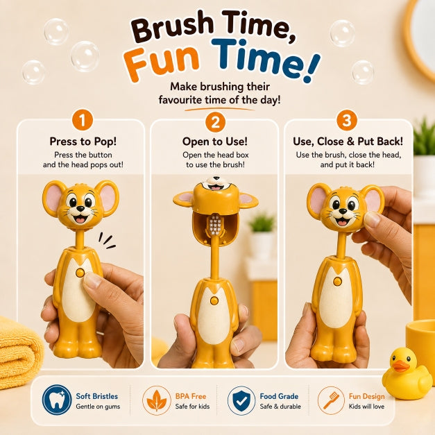 NestPop Jerry pop-up toothbrush showing three simple steps: press the button, open the head to use the brush, and close it after use