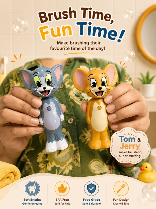 NestPop Tom and Jerry kids toothbrushes held together, showcasing the fun character designs and child-friendly look
