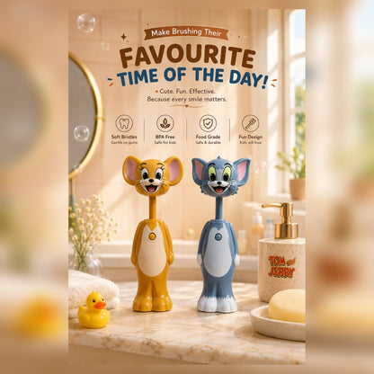 NestPop Tom and Jerry pop-up toothbrushes displayed together in a bright premium bathroom setting