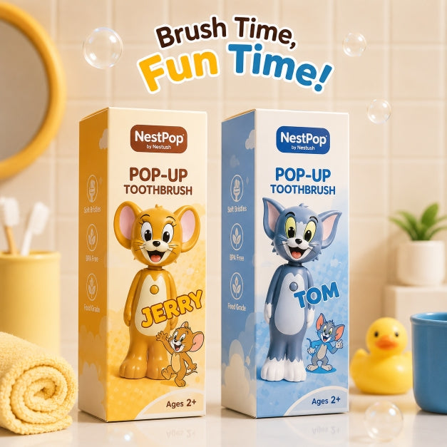 NestPop Tom and Jerry pop-up toothbrushes with their individual product boxes displayed together