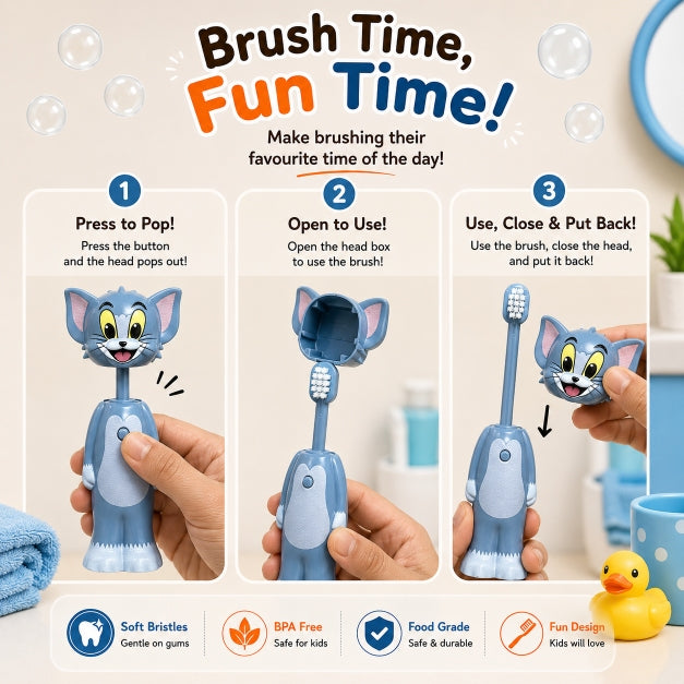 NestPop Tom pop-up toothbrush showing three steps for pressing the button, opening the head to use the brush, and putting it back
