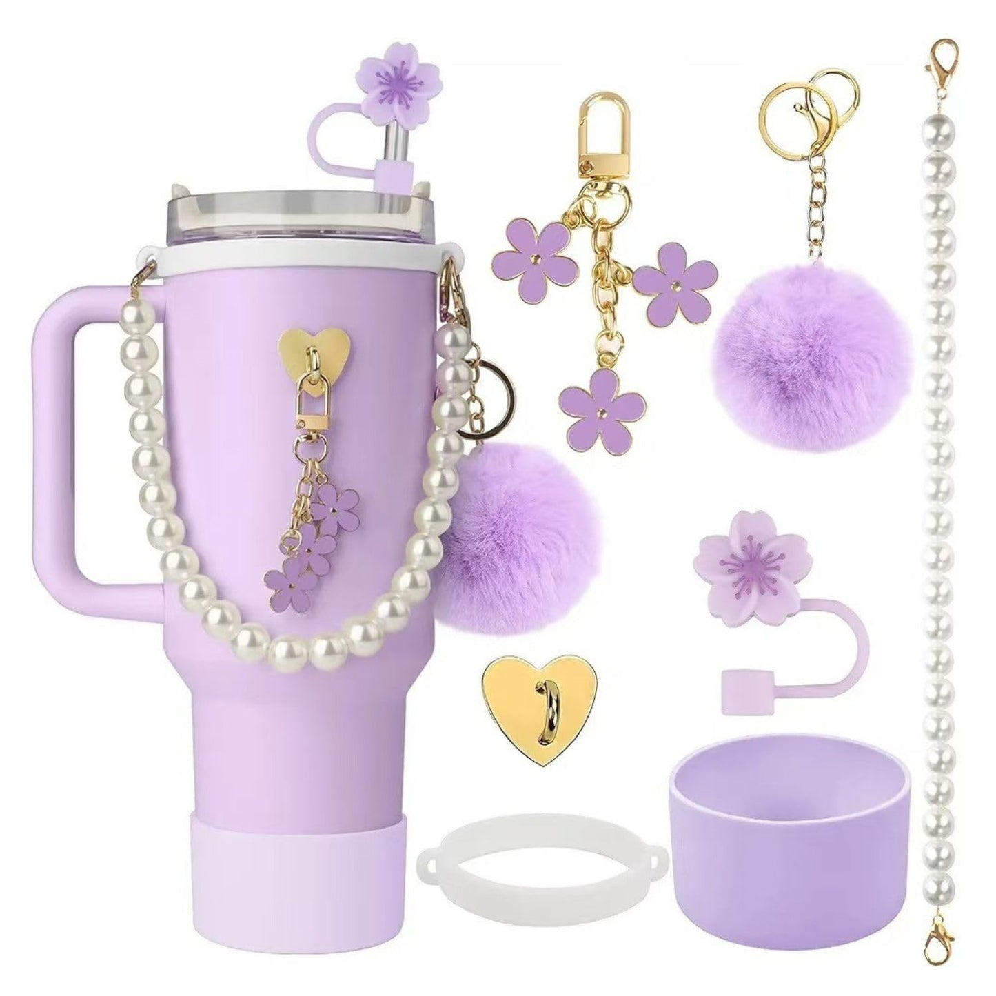 NestSip Sakura Bloom 7-piece tumbler accessory kit — full product size chart showing pearl chain, pom-pom keychain, straw topper, silicone boot, ring, and heart charm dimensions