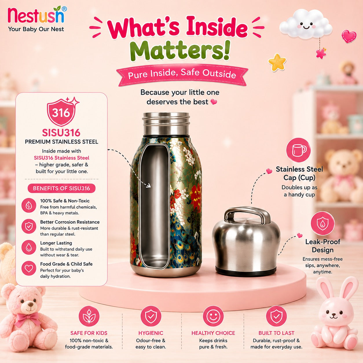 NestSippy insulated water bottle close-up showing peacock and floral artwork with premium quality badges