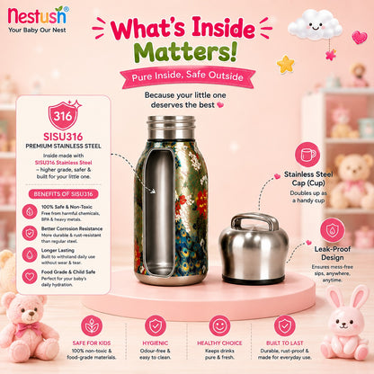 NestSippy insulated water bottle close-up showing peacock and floral artwork with premium quality badges