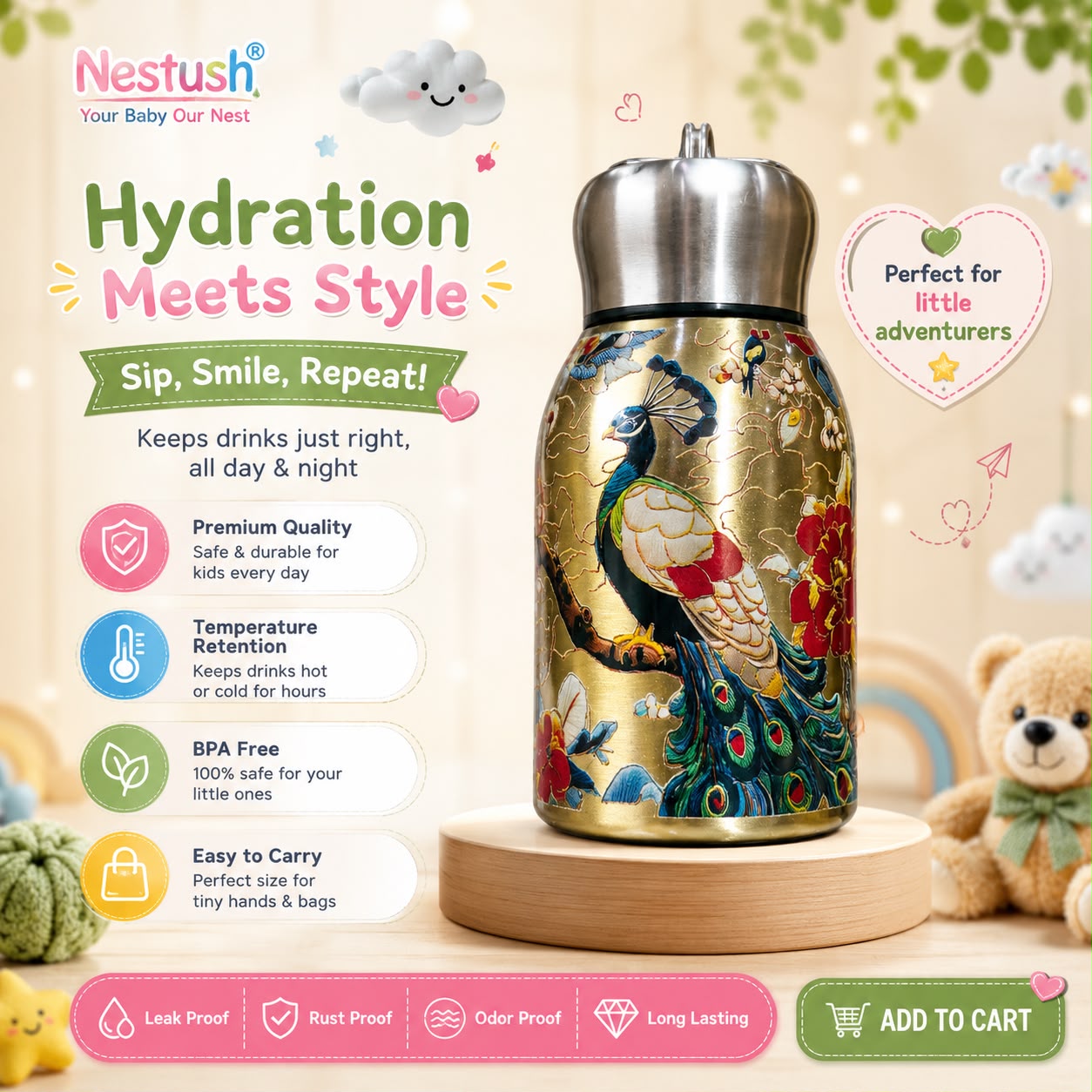 NestSippy insulated water bottle featuring two girls admiring the peacock design, perfect for school and everyday hydration