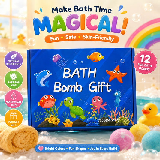 NestSplash 12-piece bath bomb gift set box featuring ocean-themed sea creatures, natural ingredients and safe for kids badges