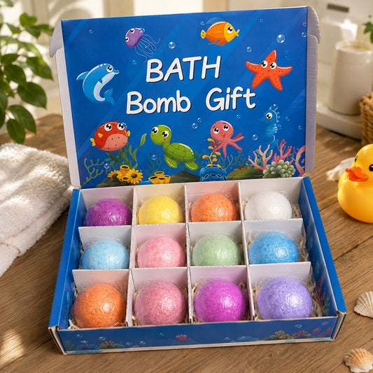 NestSplash bath bomb gift set open showing 12 colorful bath bombs arranged in a grid