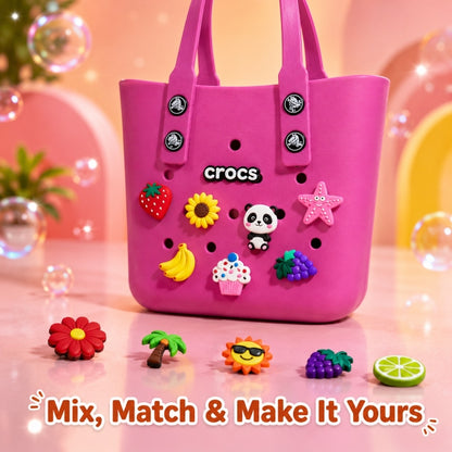 NestVibe crocs tote bag with several silicone charms removed and displayed beside it, showing how charms can be mixed and matched