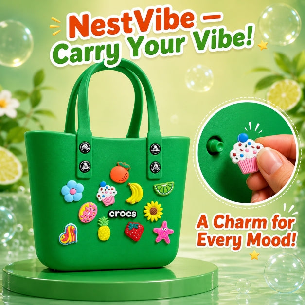 NestVibe silicone jelly crocs tote bag in green with original cupcake, lime, heart, and sunflower charms on a glossy display pedestal