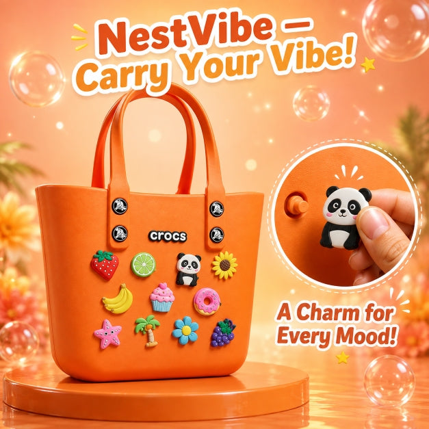 NestVibe silicone jelly crocs tote bag in orange with original panda, cupcake, donut, and starfish charms on a glossy display pedestal